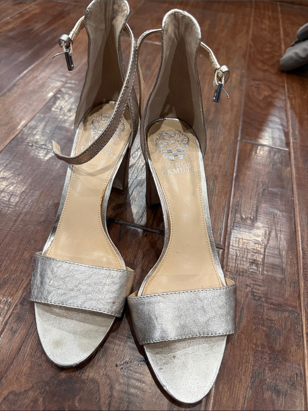 Vince Camuto Metallic Silver Open-Toe Ankle-Strap Block Heels